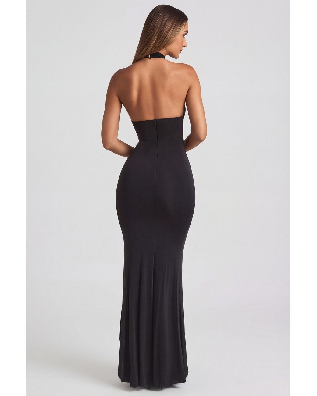 Oh Polly Black Ruffle-Trim Halterneck Gown