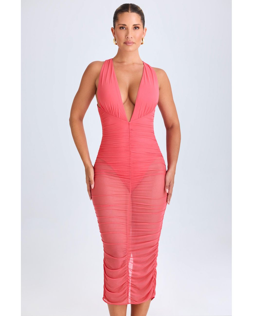 Oh Polly Pink Ruched Plunge Midaxi Dress