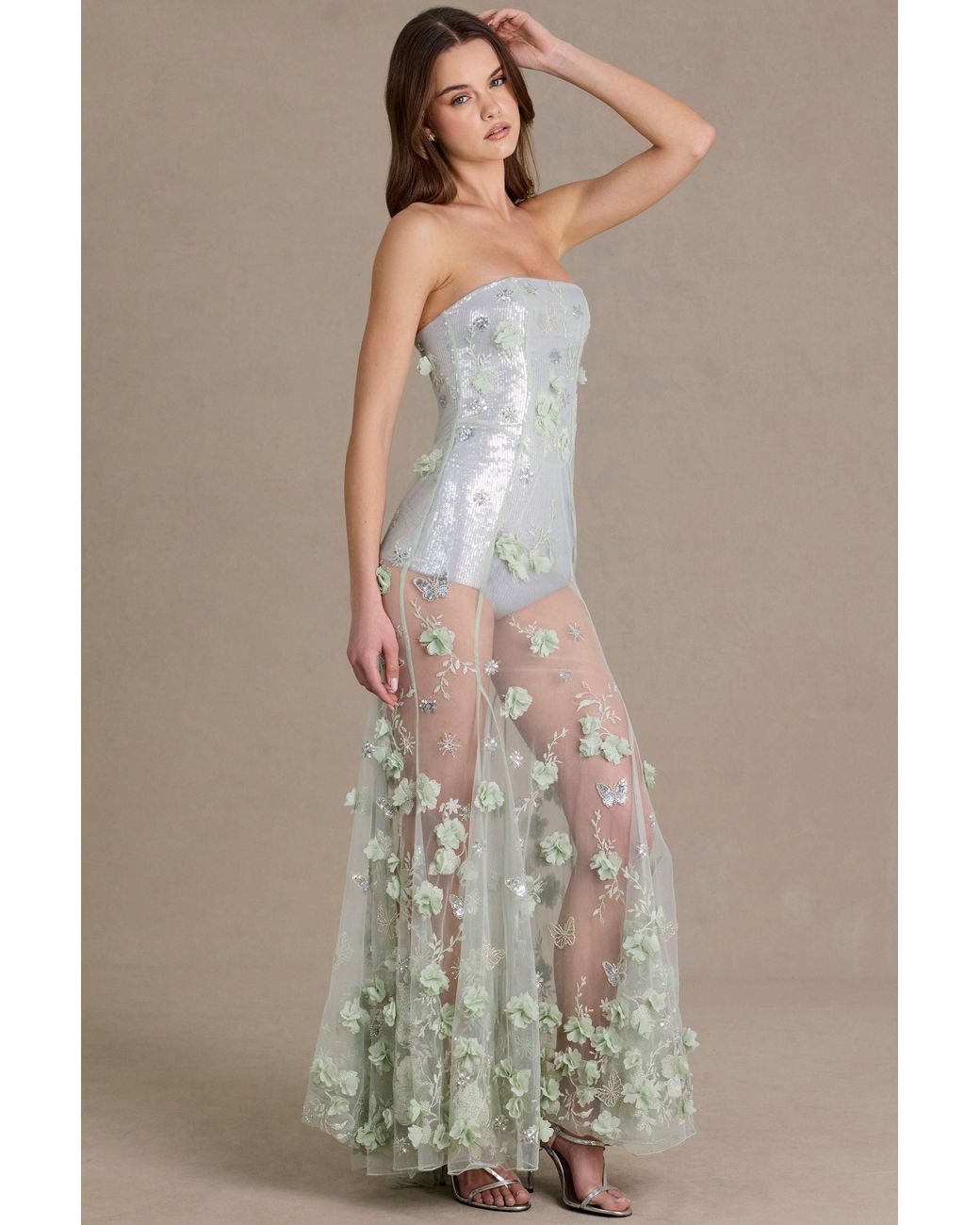 Oh Polly Green Embellished Tulle Corset Gown