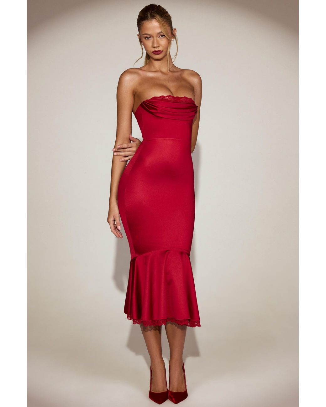 Oh Polly Red Satin Lace-Trim Bandeau Fluted Midaxi Dress
