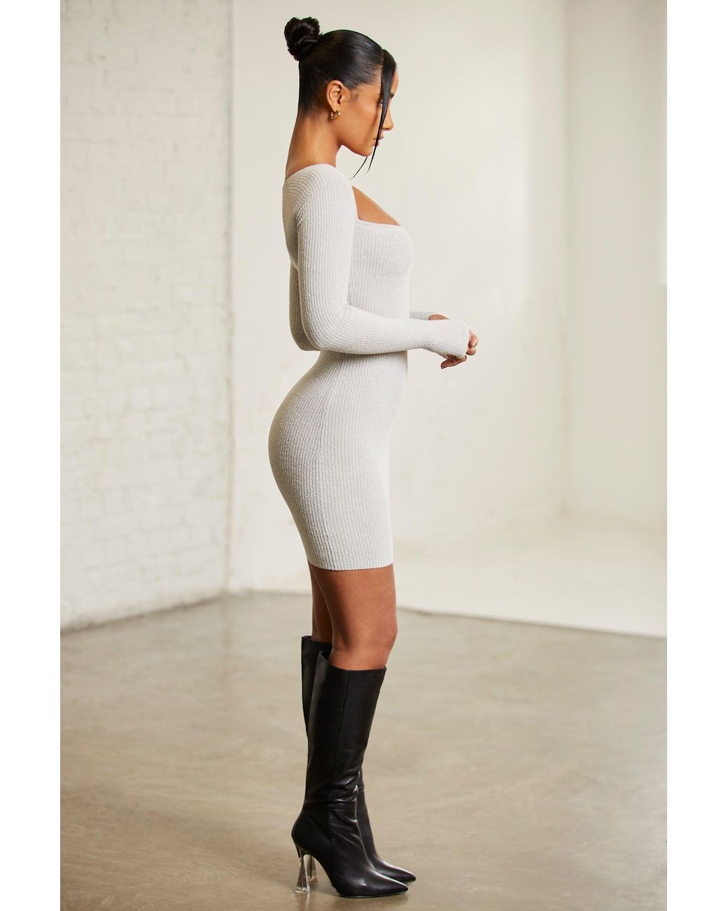 Oh Polly Gray Long Sleeve Square Neck Mini Dress