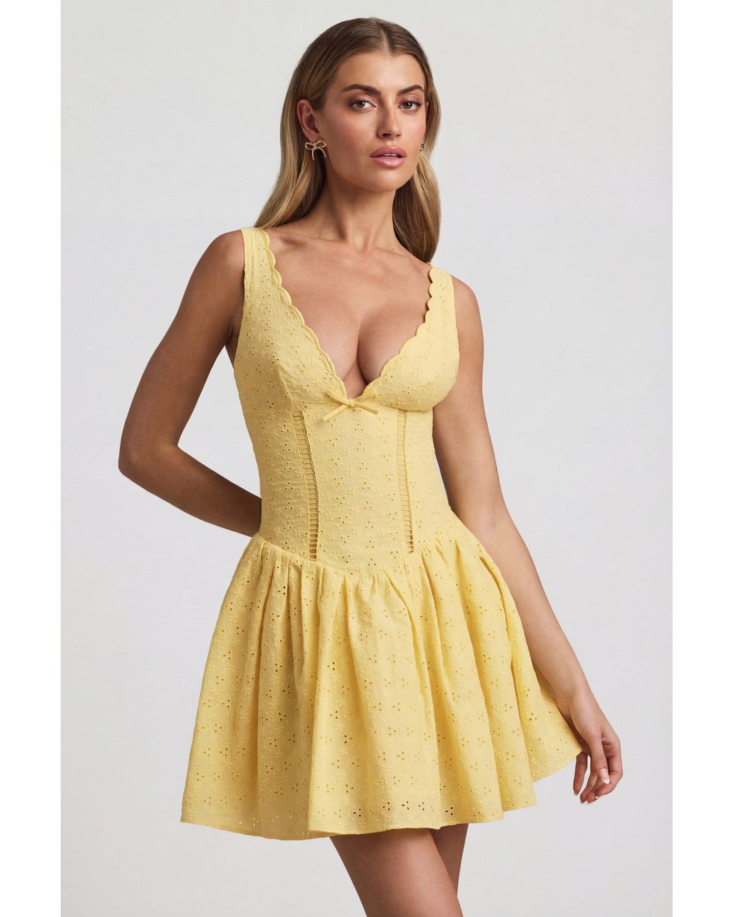 Oh Polly Yellow Broderie Anglaise Bow-Detail A-Line Mini Dress