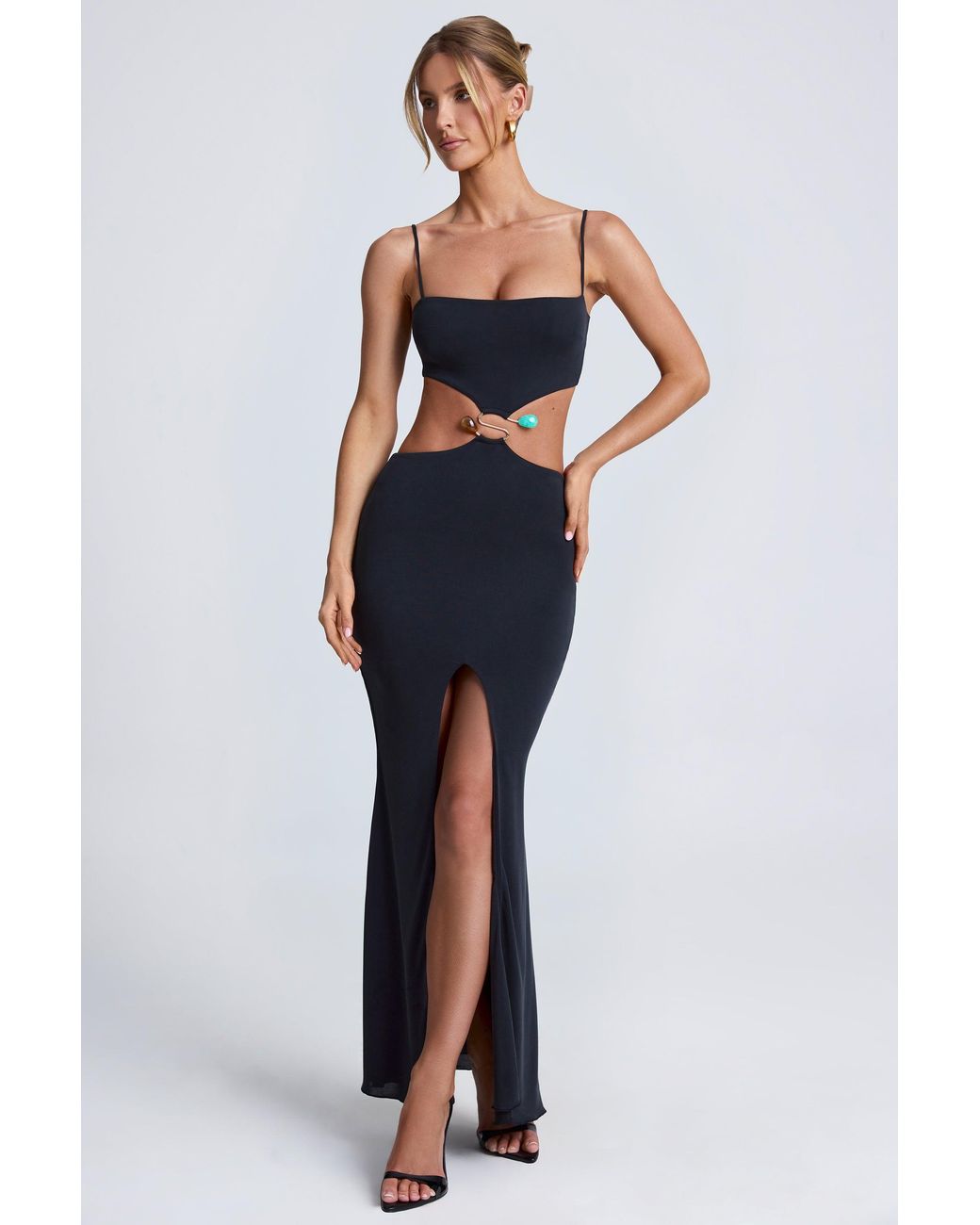 Oh Polly Black Hardware Detail Cut-Out Maxi Dress