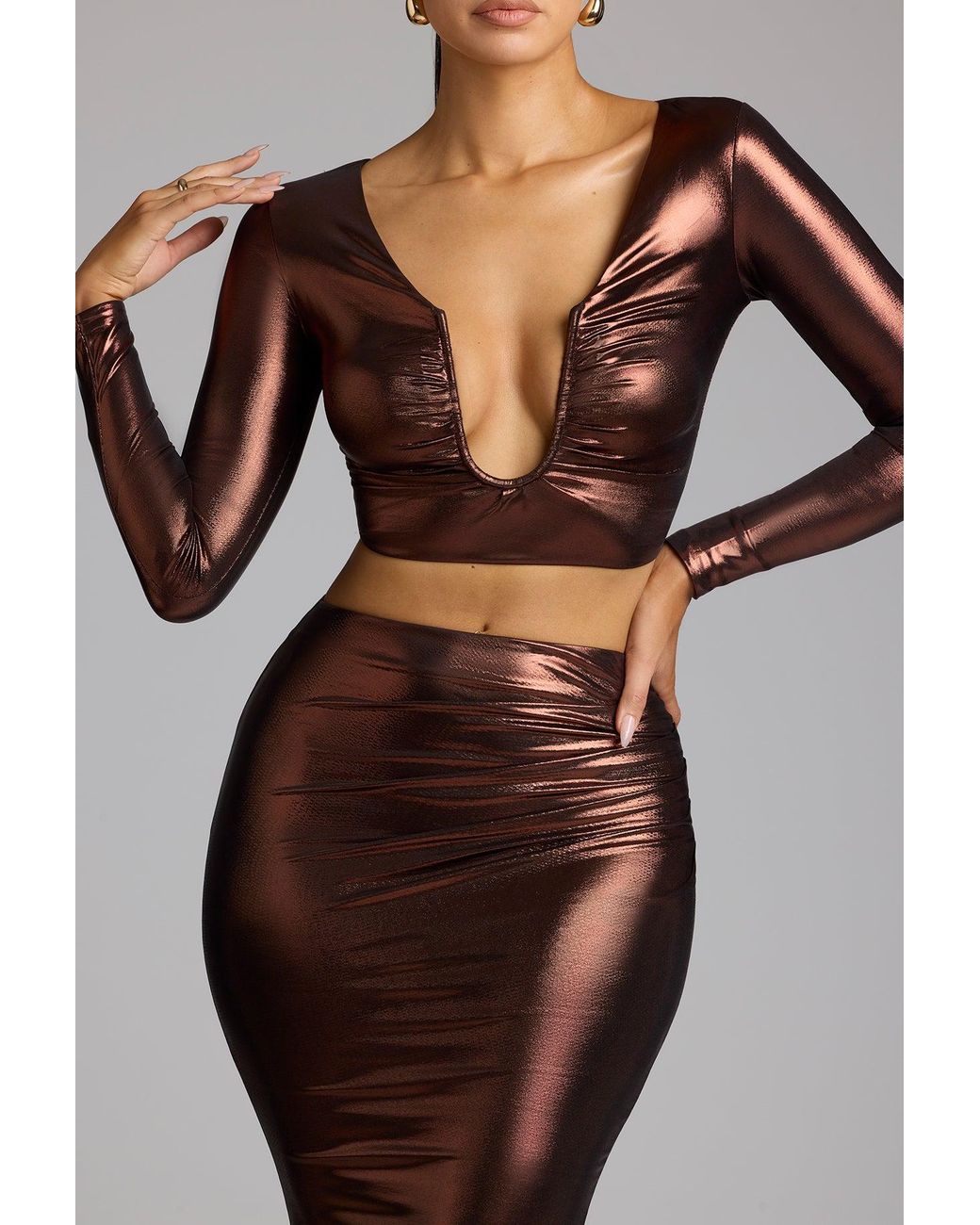 Oh Polly Metallic Plunge Neck Jersey Crop Top
