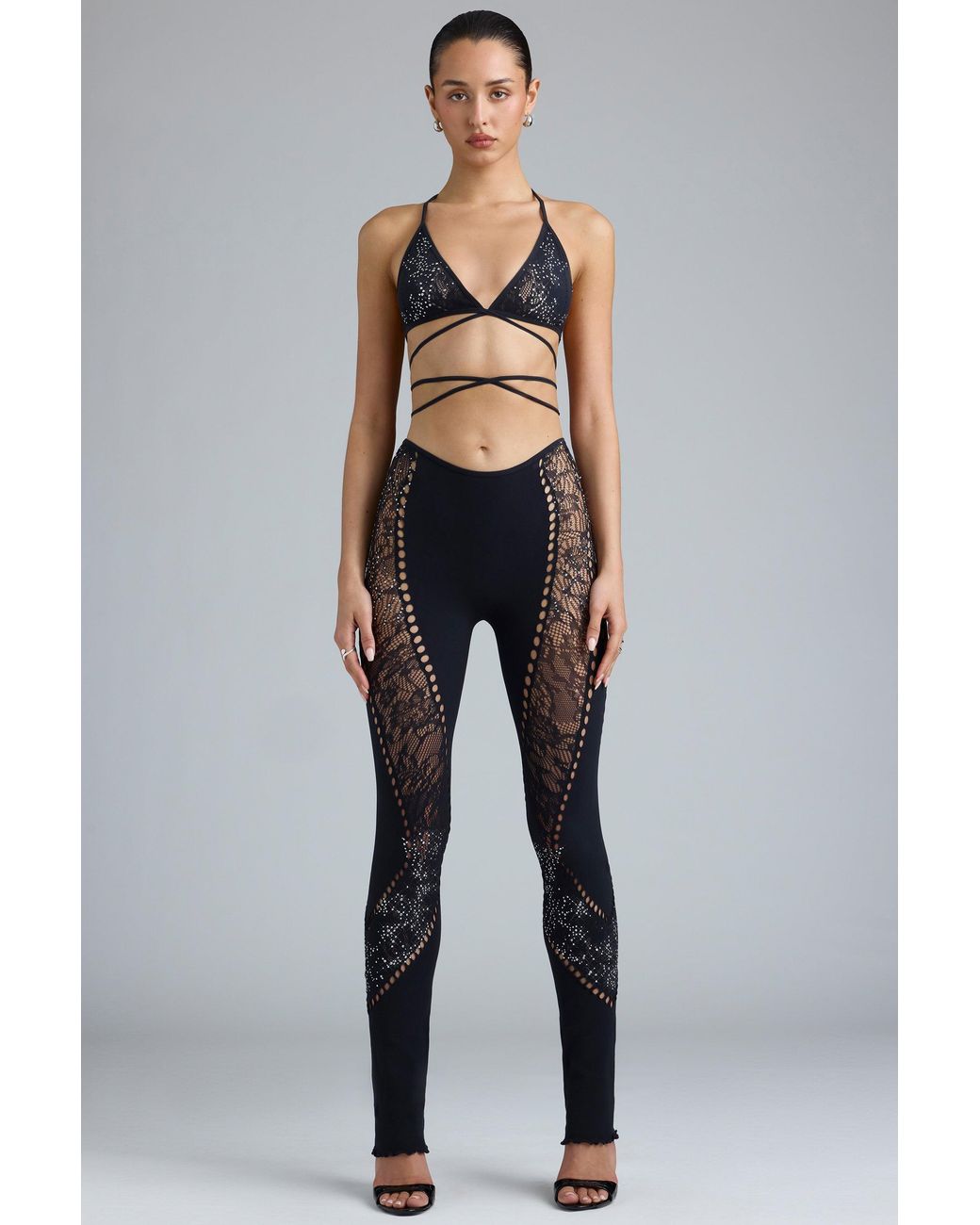 Oh Polly Black Embellished Mid-Rise Flared Trousers
