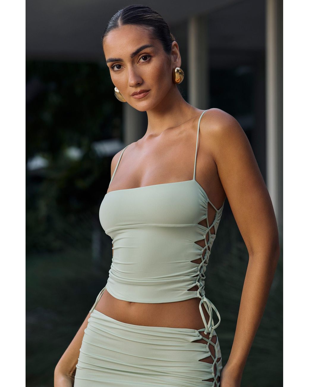 Oh Polly Green Ruched Cut-Out Top