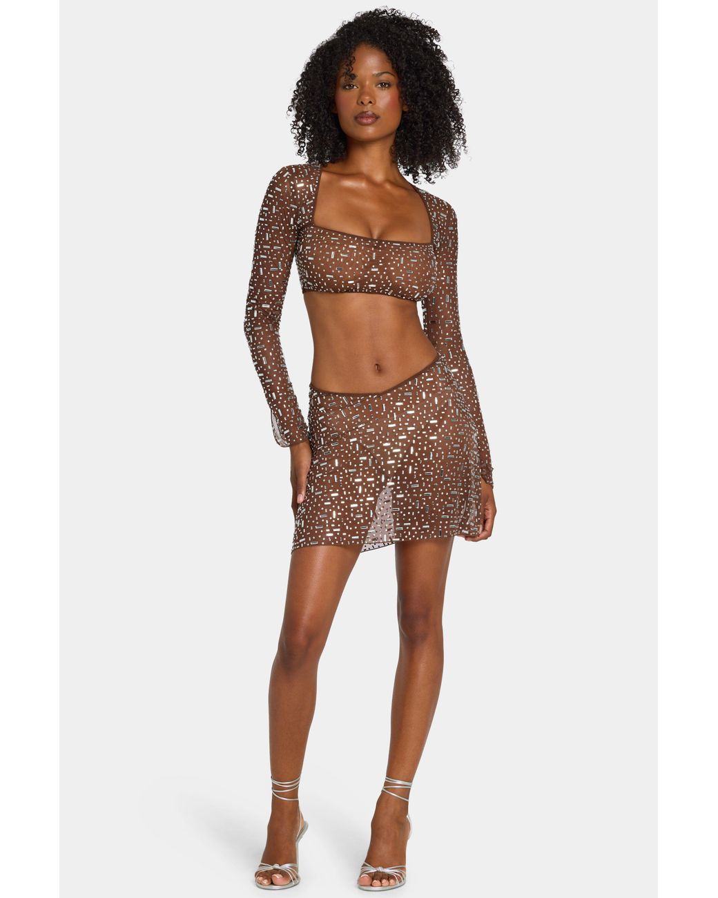 Oh Polly Brown Sheer Embellished V Waist Mini Skirt