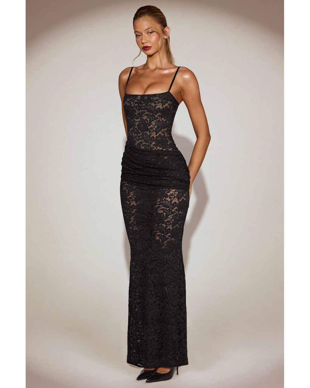 Oh Polly Black Sheer Lace Square-Neck Ruched Gown
