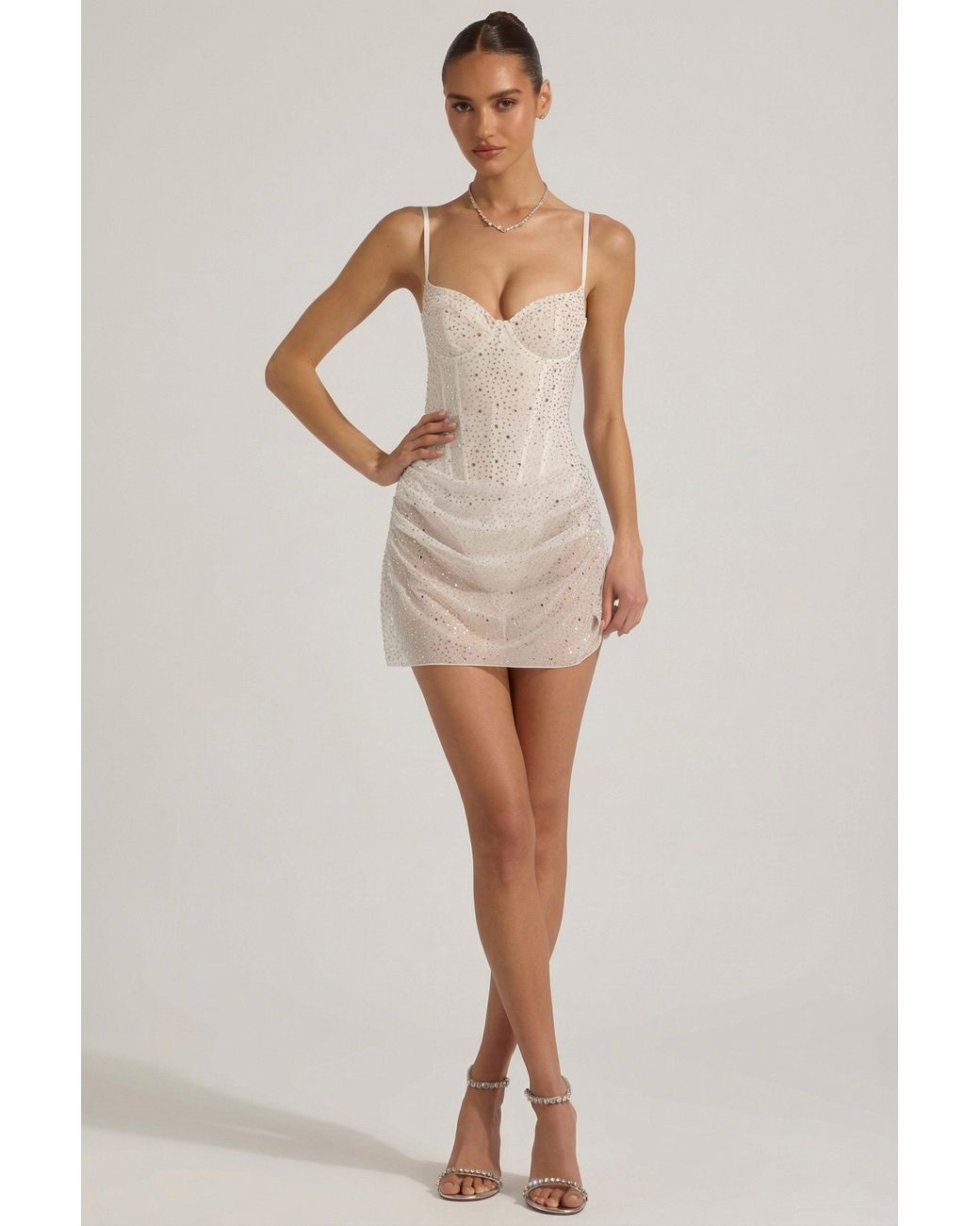 Oh Polly White Semi-Sheer Embellished Draped Corset Mini Dress