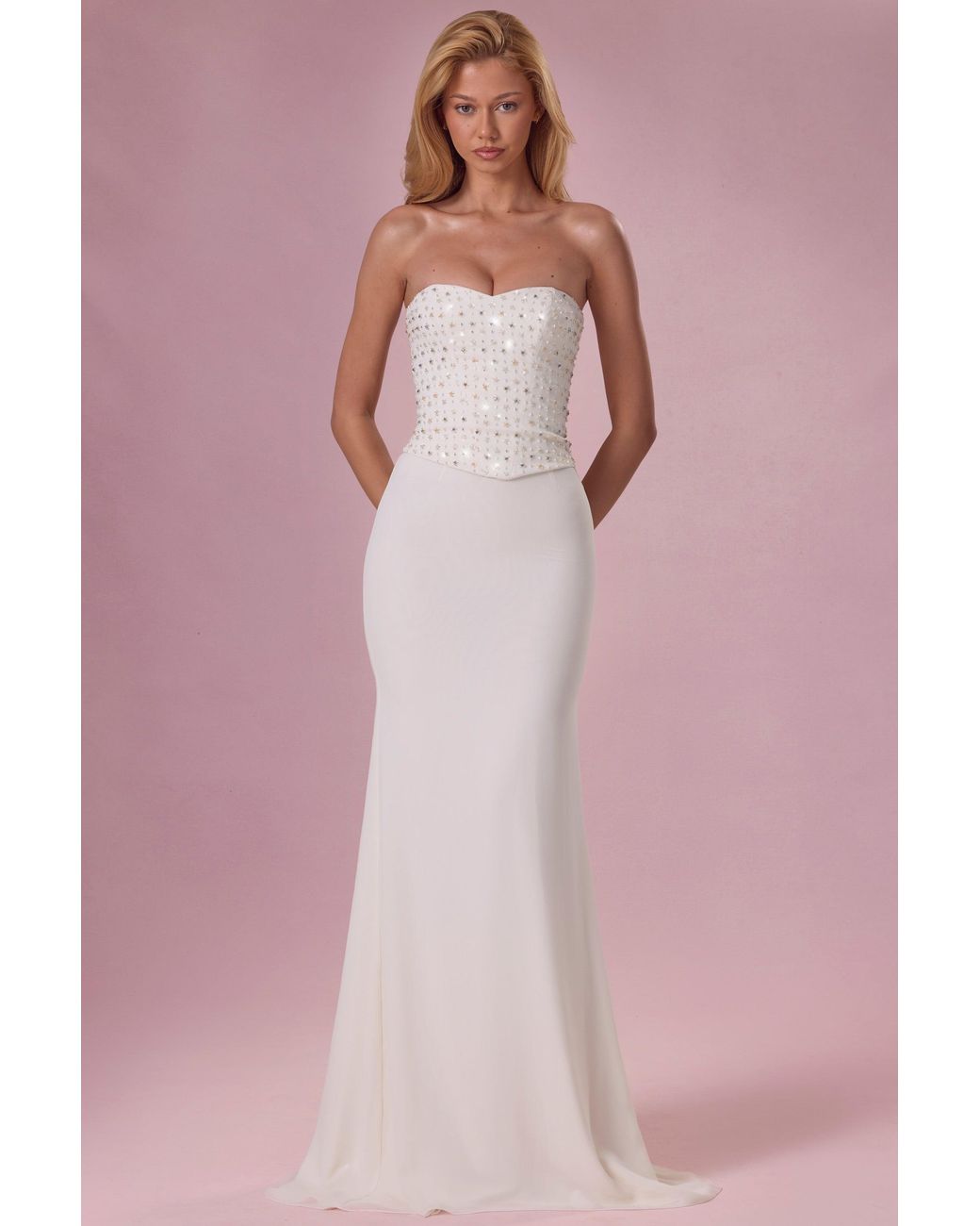 Oh Polly White Embellished Corset Strapless Gown