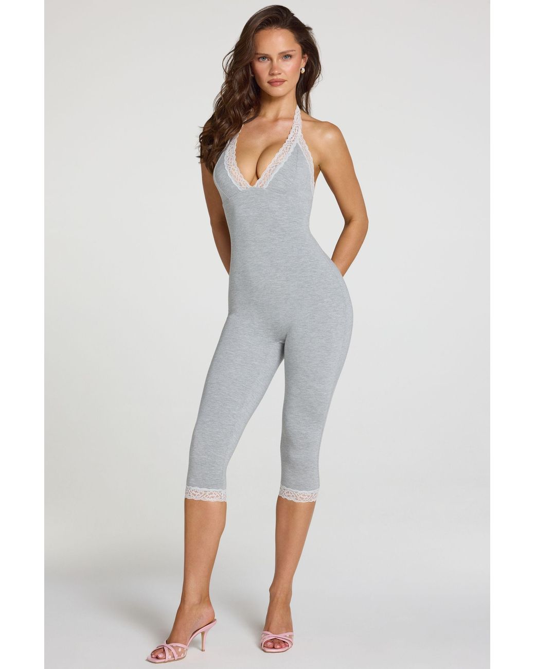 Oh Polly Gray Modal Lace-Trim Capri Jumpsuit