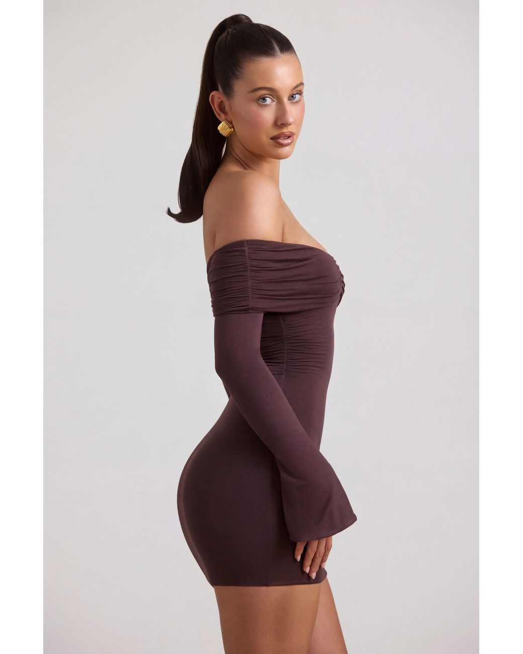 Oh Polly Brown Modal-Cashmere Blend Off-Shoulder Ruched Mini Dress