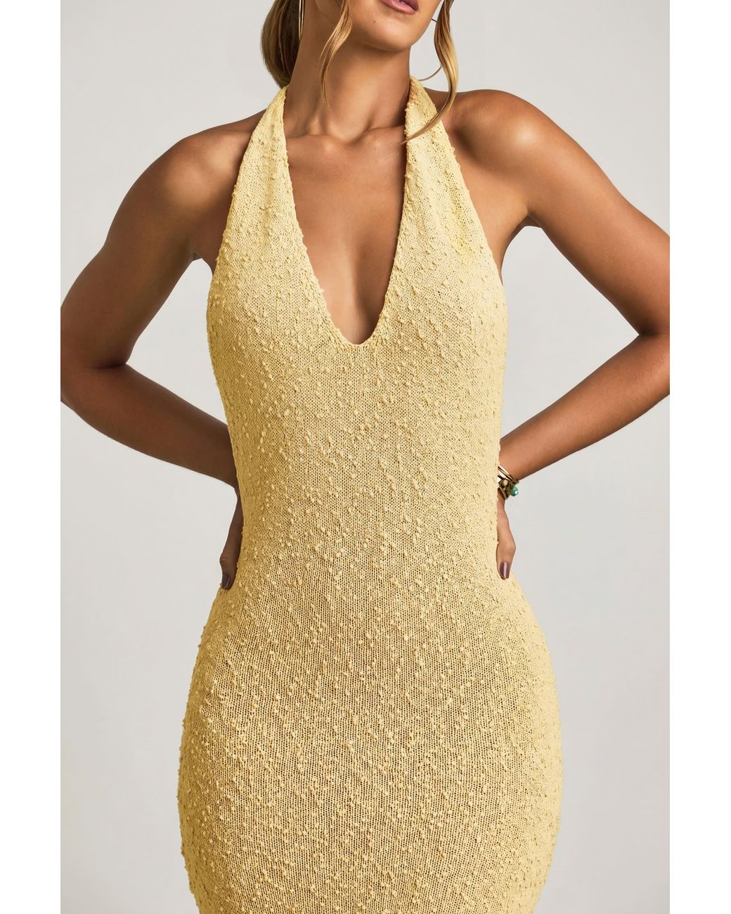 Oh Polly Yellow Bouclé Halterneck Maxi Dress