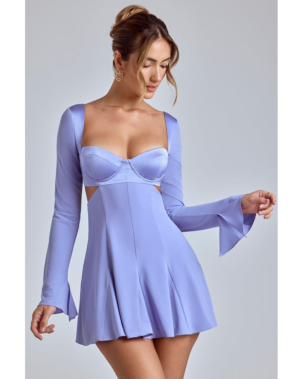 Oh Polly Blue Long Sleeve Godet Mini Dress