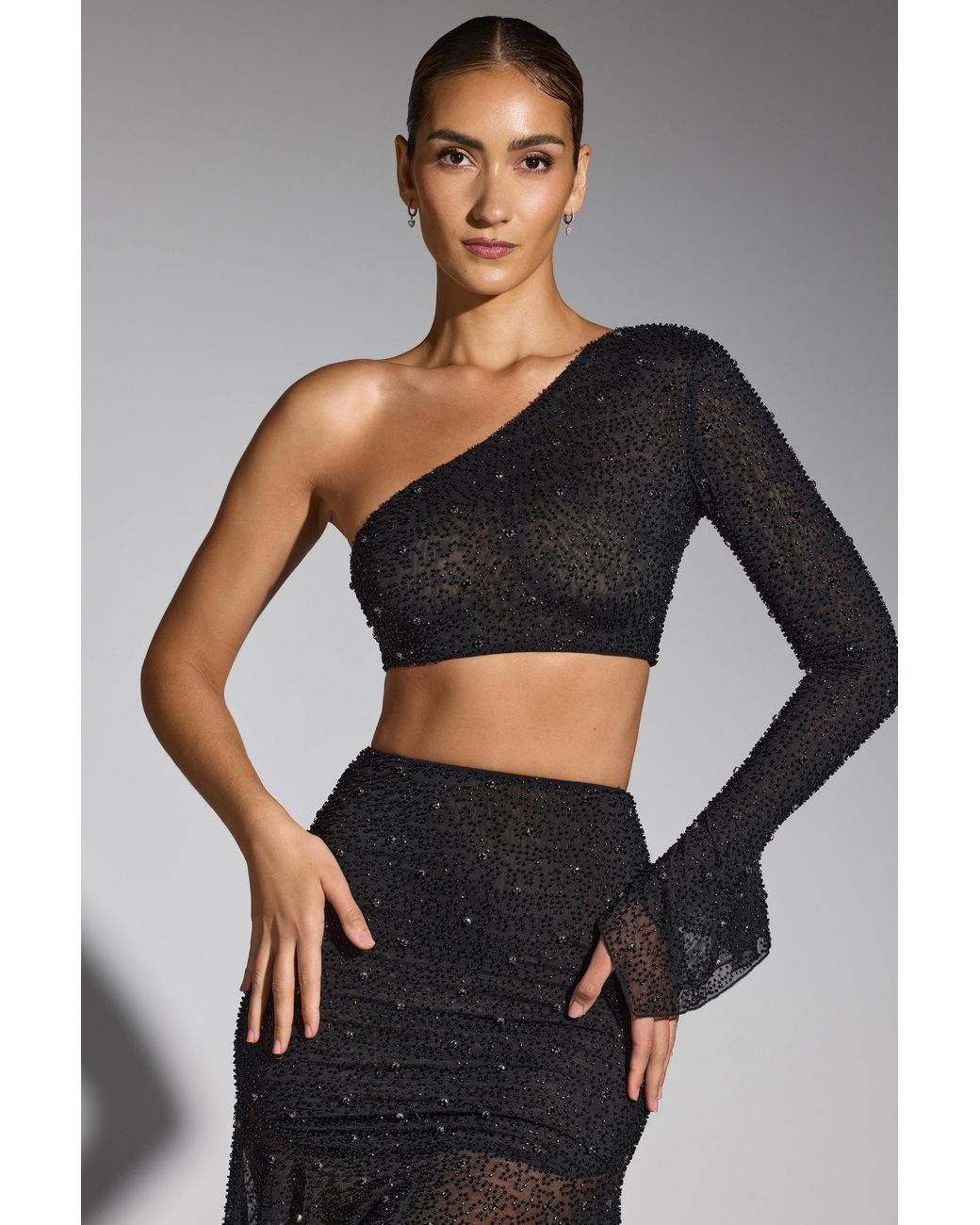 Oh Polly Black Embellished One Shoulder Top