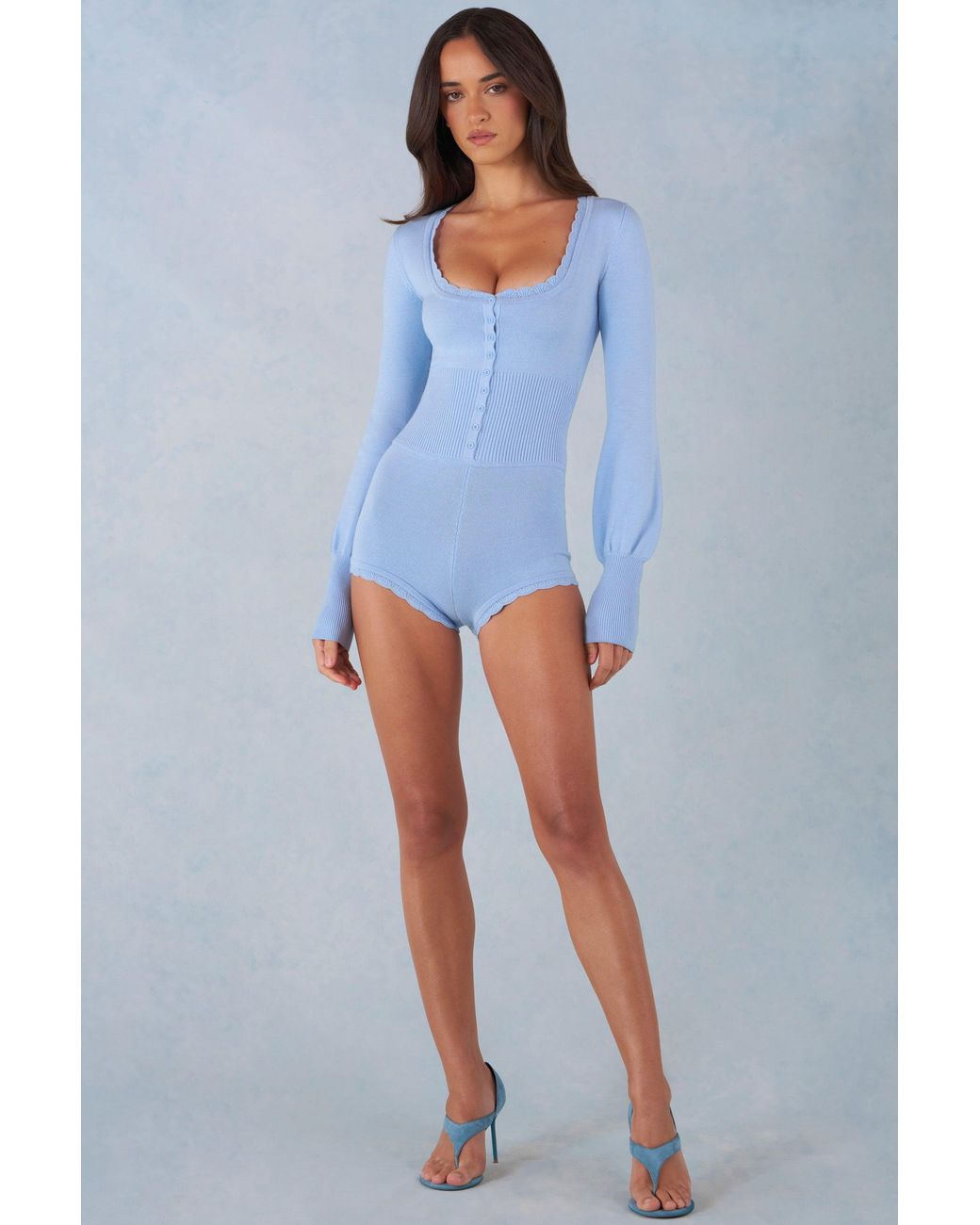 Oh Polly Blue Knit Long-Sleeve Romper
