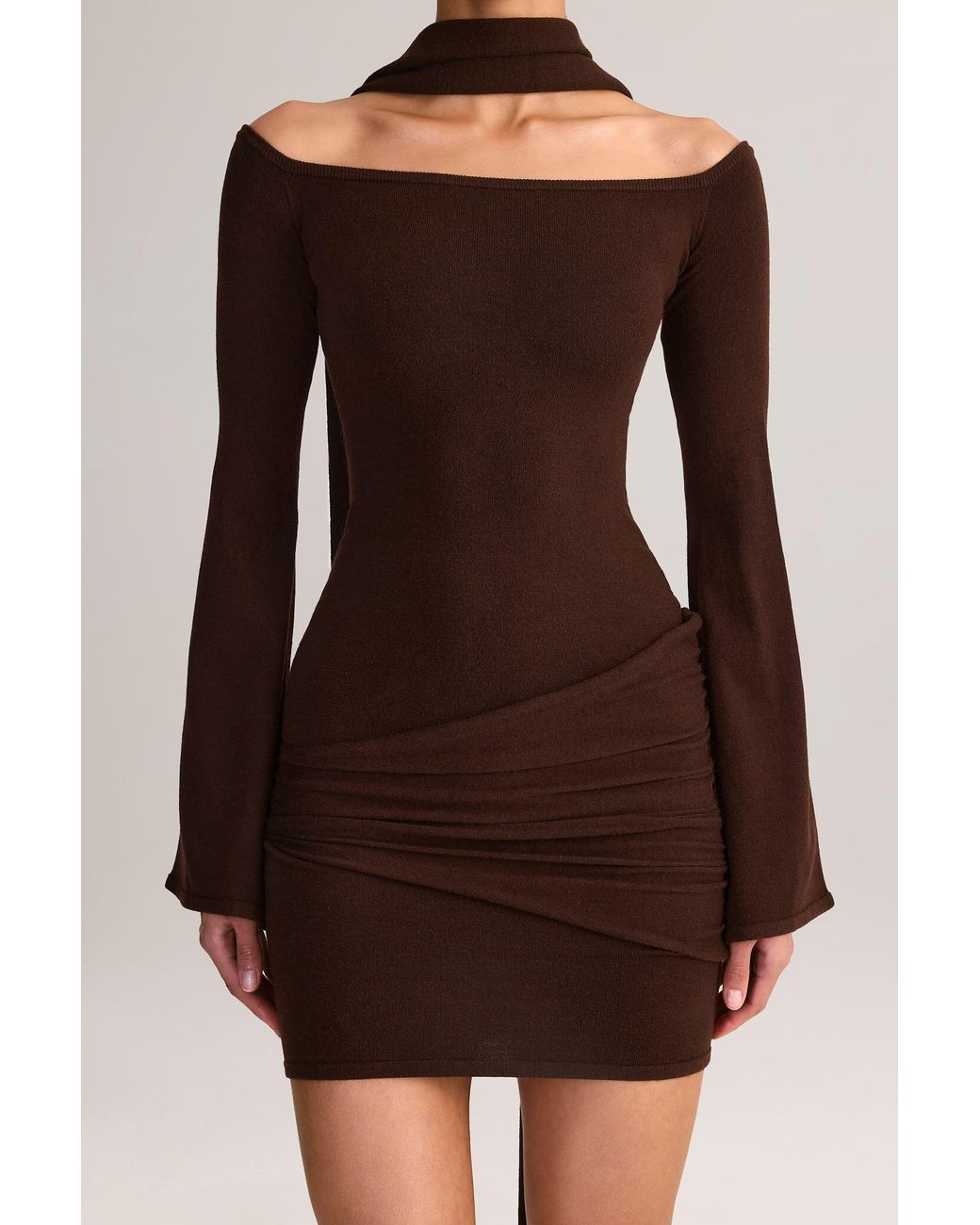 Oh Polly Brown Knit Scarf-Detail Off-Shoulder Mini Dress