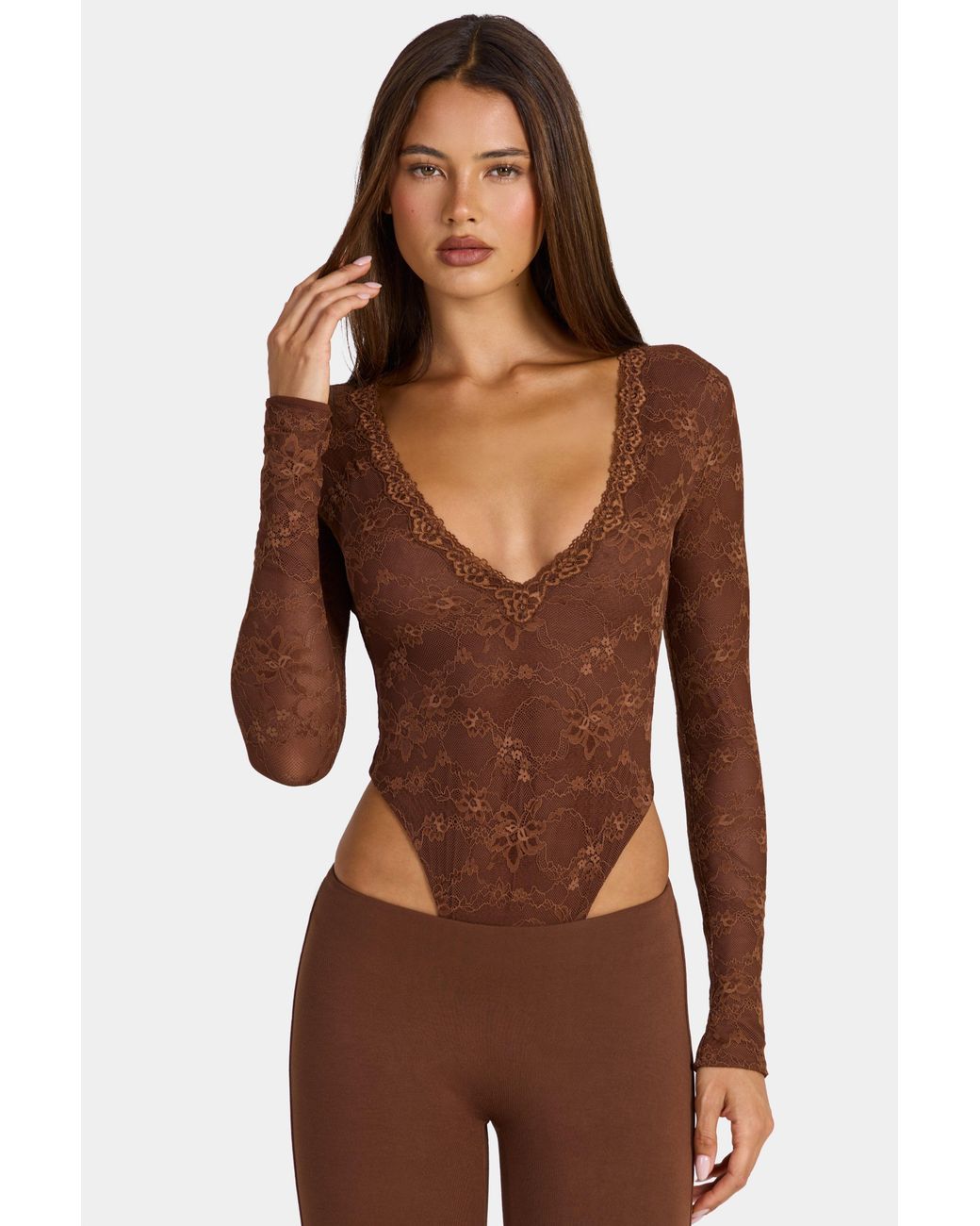 Oh Polly Brown Lace Long-Sleeve Bodysuit