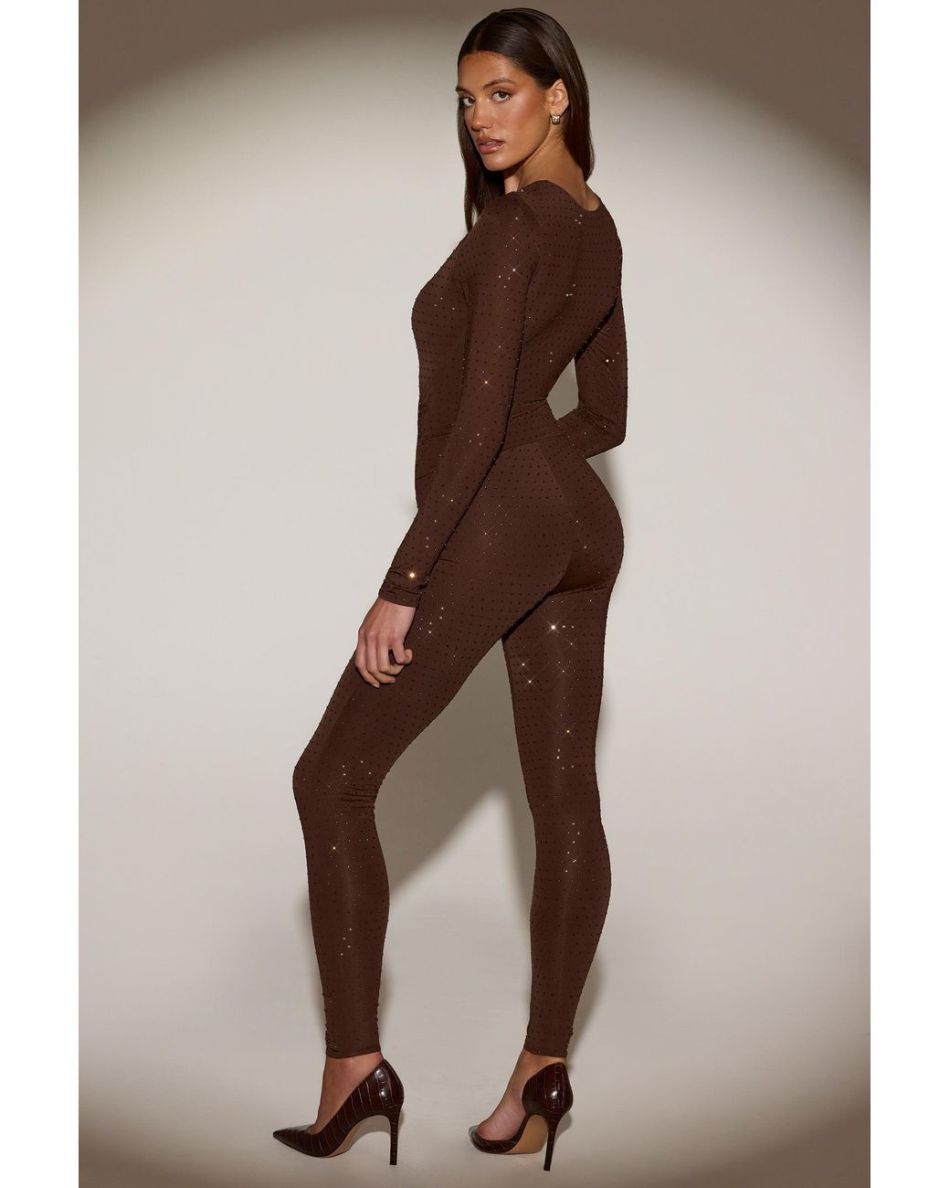 Oh Polly Brown Embellished Crew-Neck Long-Sleeve Top
