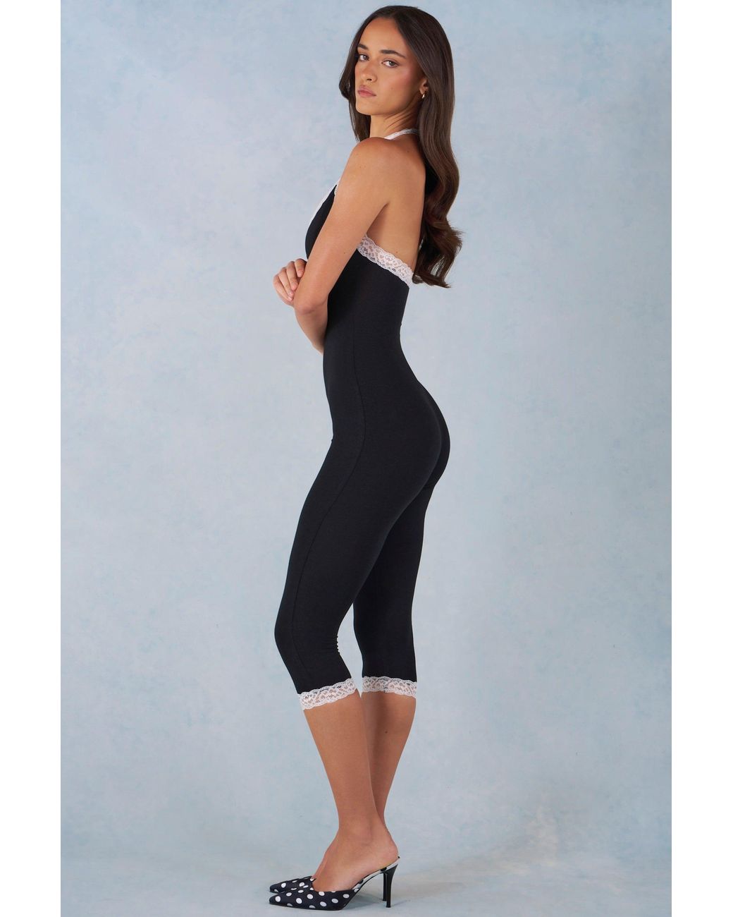 Oh Polly Black Modal Lace-Trim Capri Jumpsuit