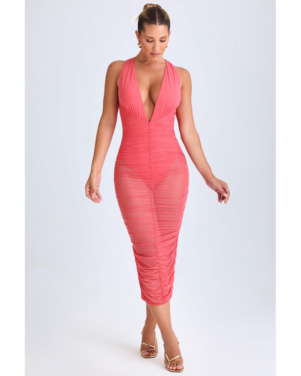 Oh Polly Pink Ruched Plunge Midaxi Dress