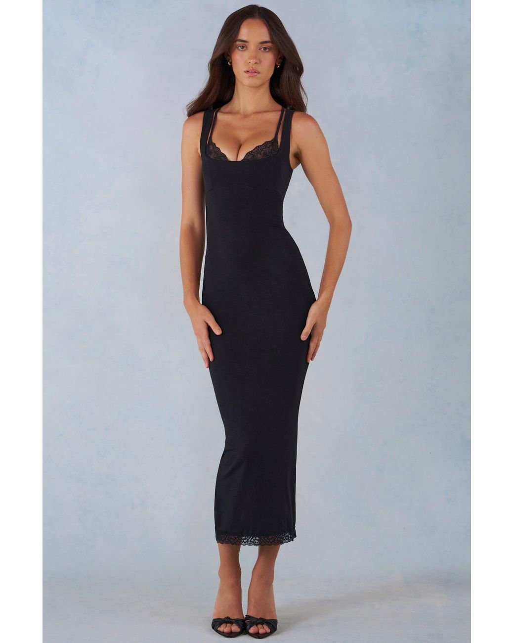 Oh Polly Black Modal Lace-Trim Midaxi Dress