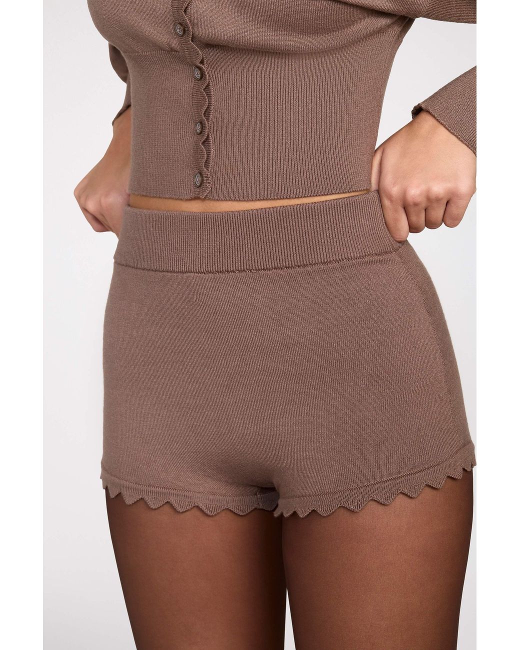 Oh Polly Brown Knit Mid-Rise Mini Shorts