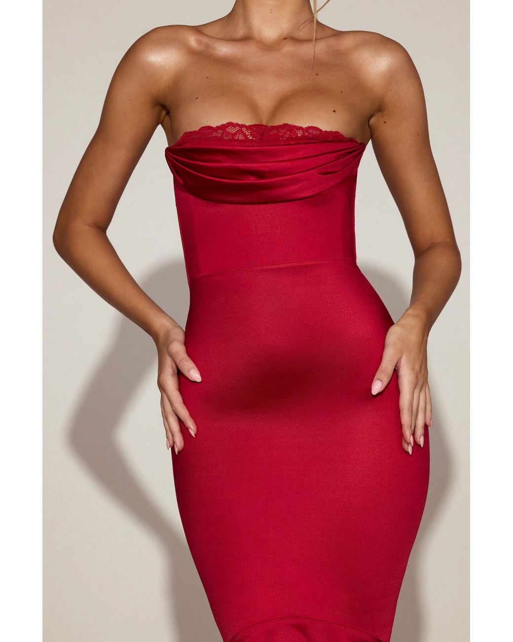 Oh Polly Red Satin Lace-Trim Bandeau Fluted Midaxi Dress