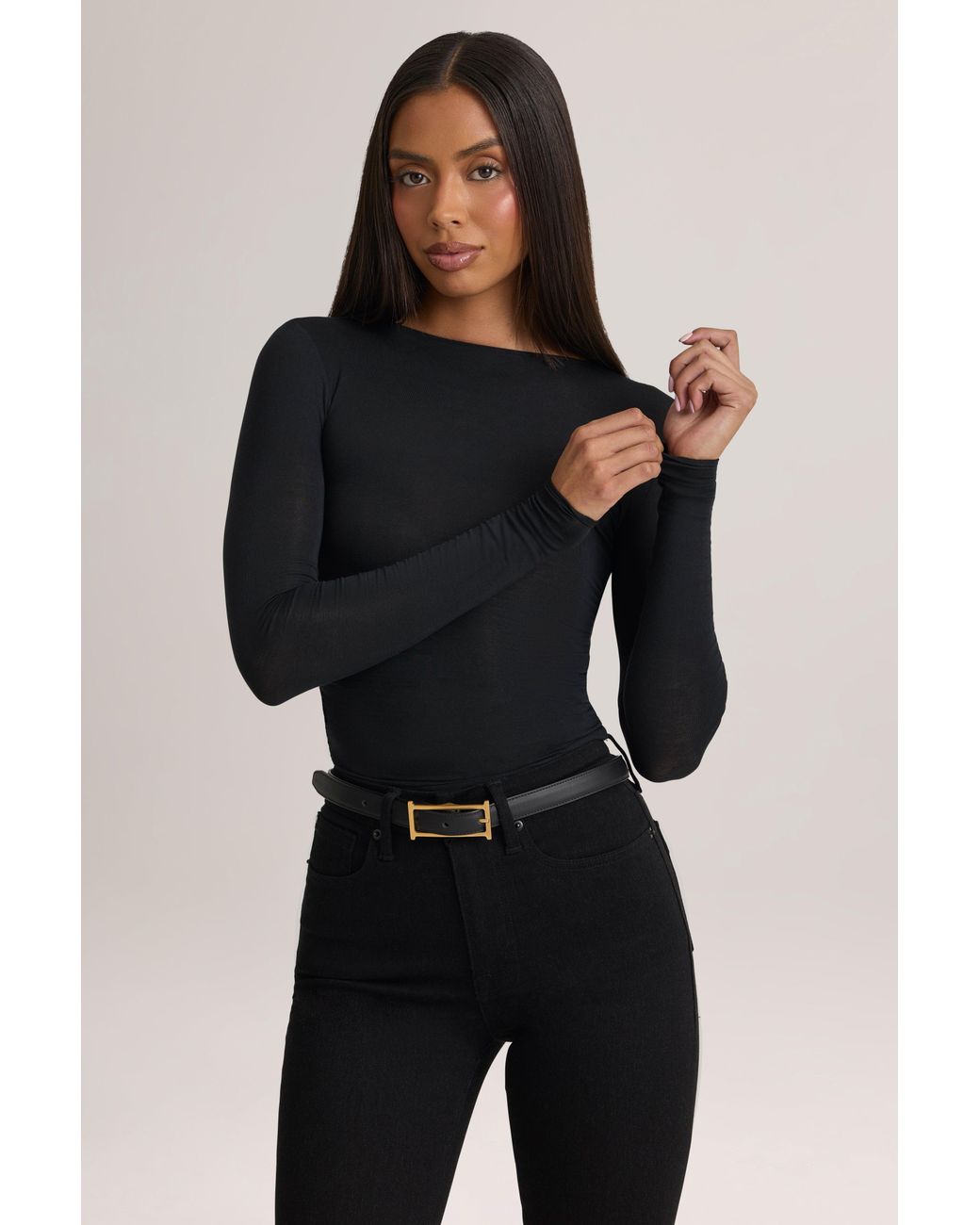Oh Polly Black Modal Ruched Long-Sleeve Top