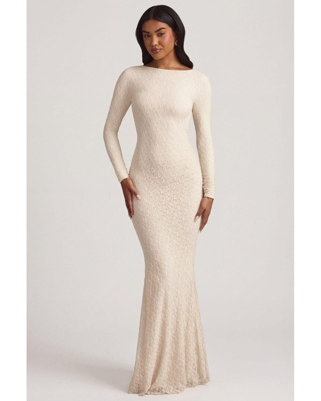 Oh Polly White Ruched Backless Lace Maxi Dress