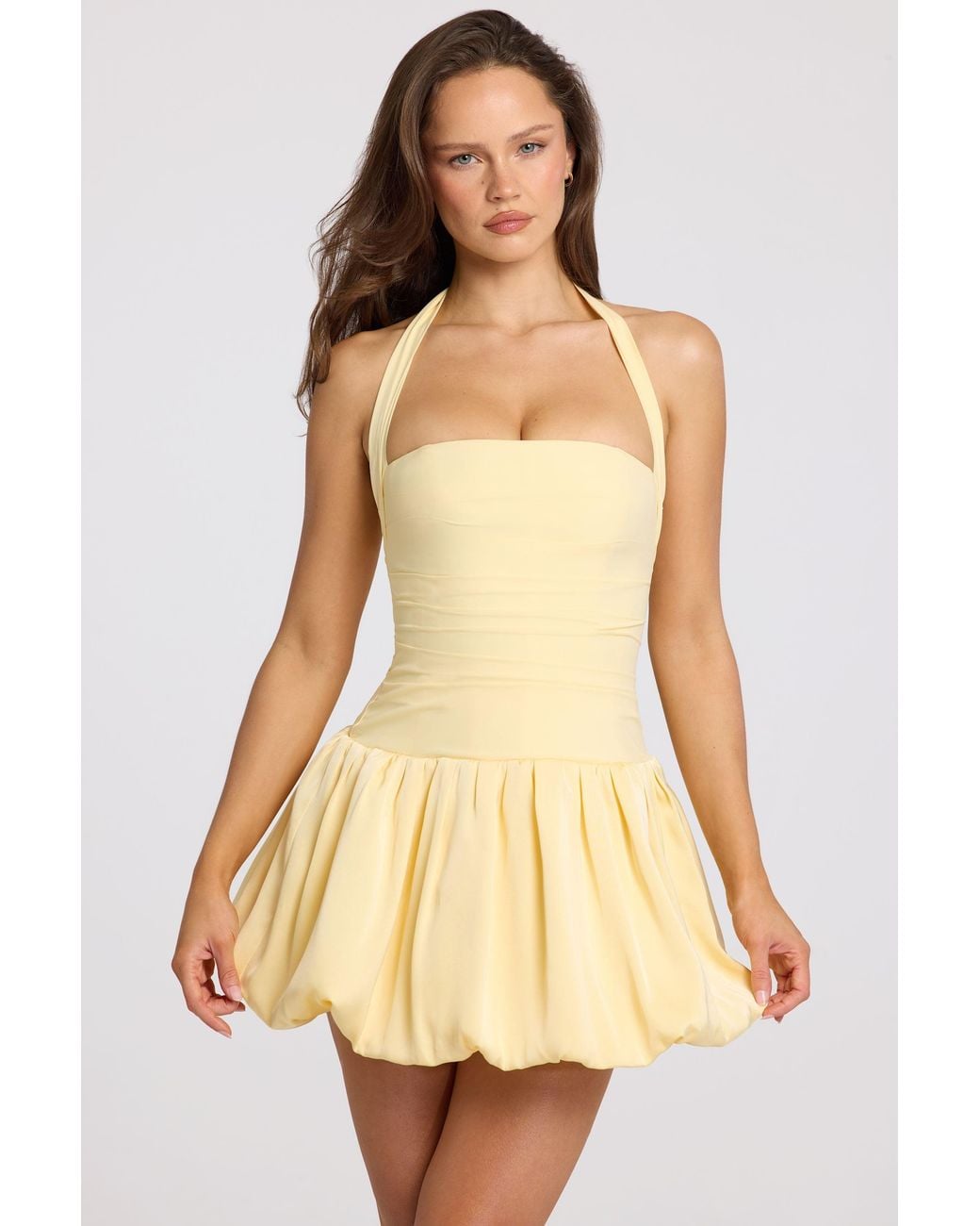 Oh Polly Yellow Halterneck Lace-Up Bubble Hem Corset Micro Mini Dress
