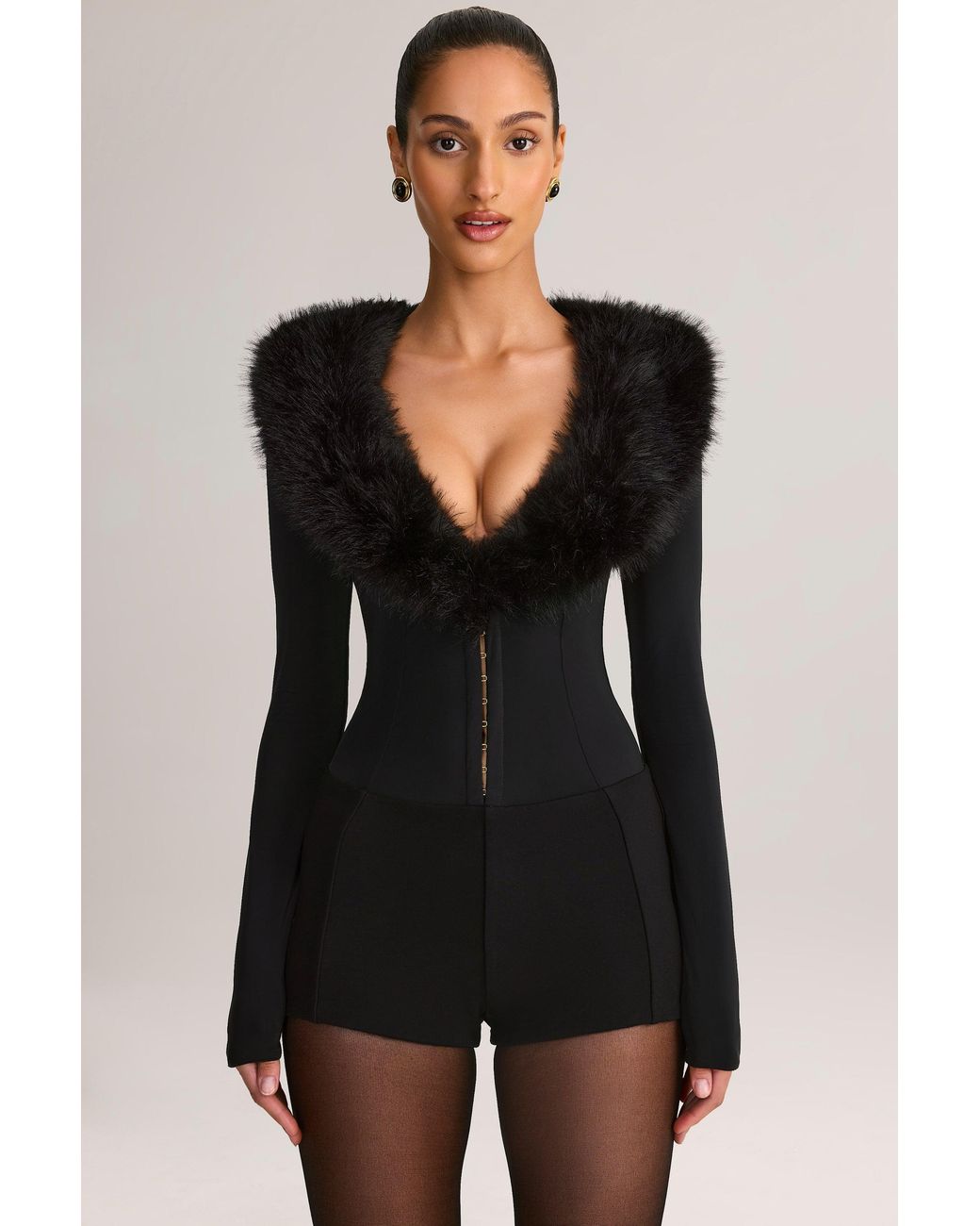 Oh Polly Black Faux Fur-Trim Corset Playsuit