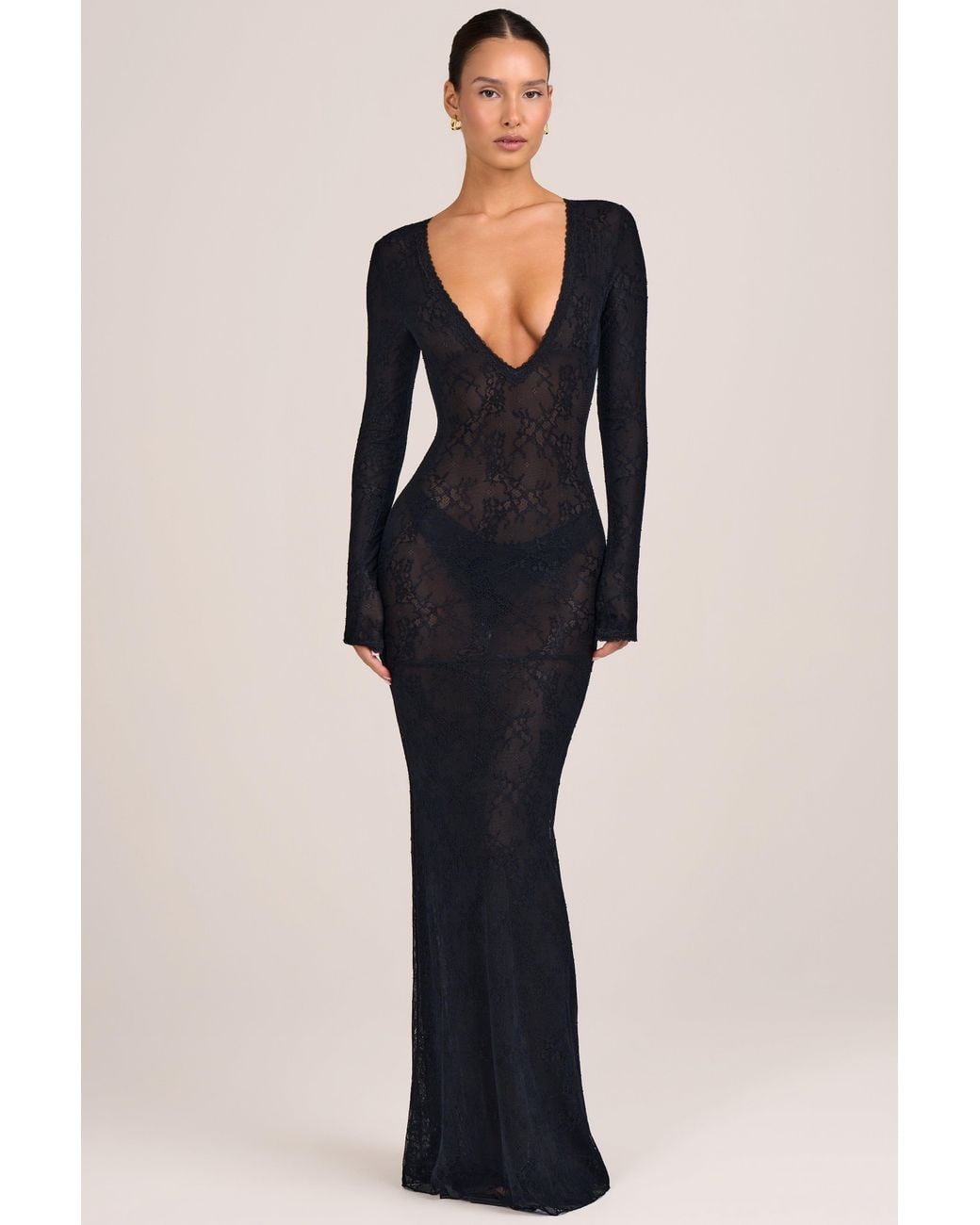 Oh Polly Black Lace Long-Sleeve Maxi Dress