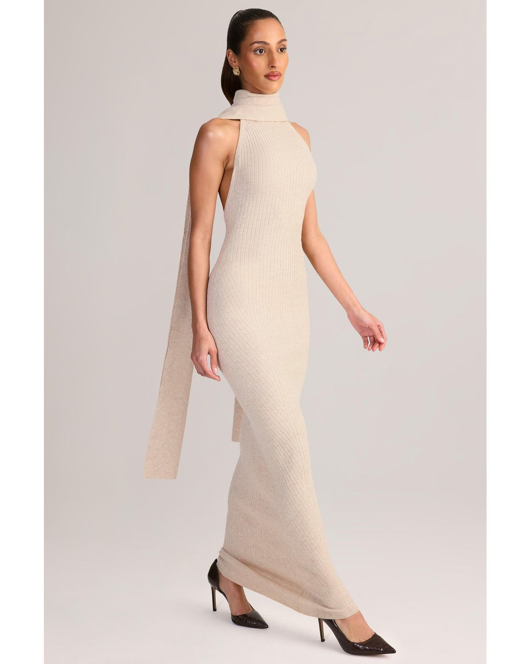Oh Polly White Rib-Knit Scarf-Detail Halterneck Maxi Dress