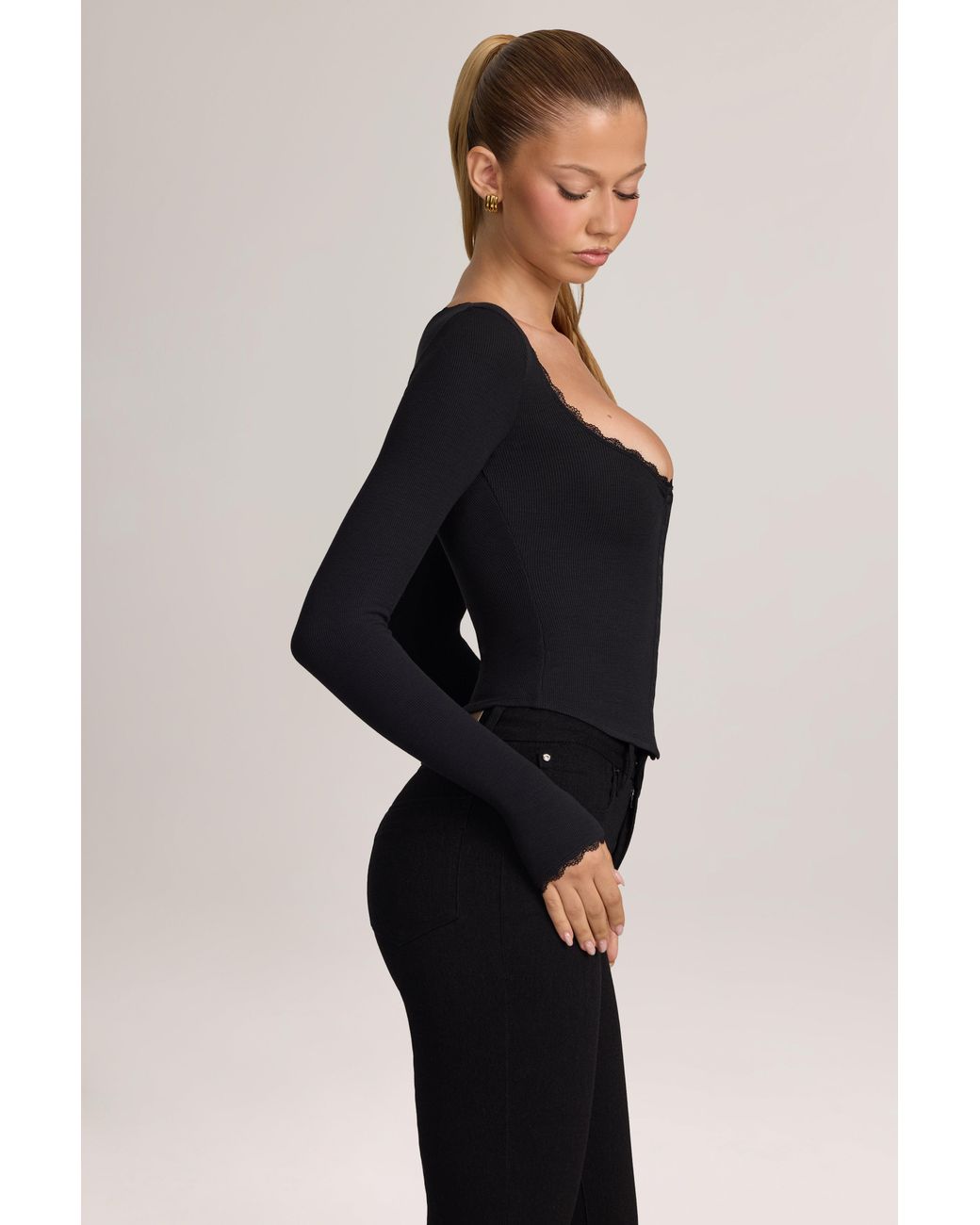 Oh Polly Black Ribbed Modal Lace-Trim Cardigan