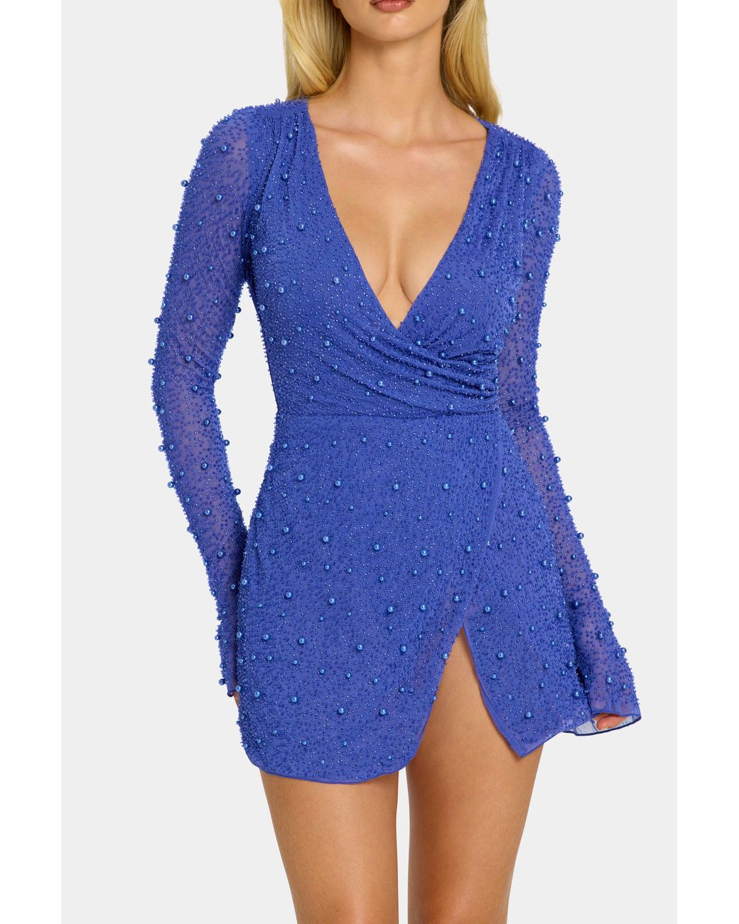 Oh Polly Blue Embellished Wrap Over A-Line Mini Dress