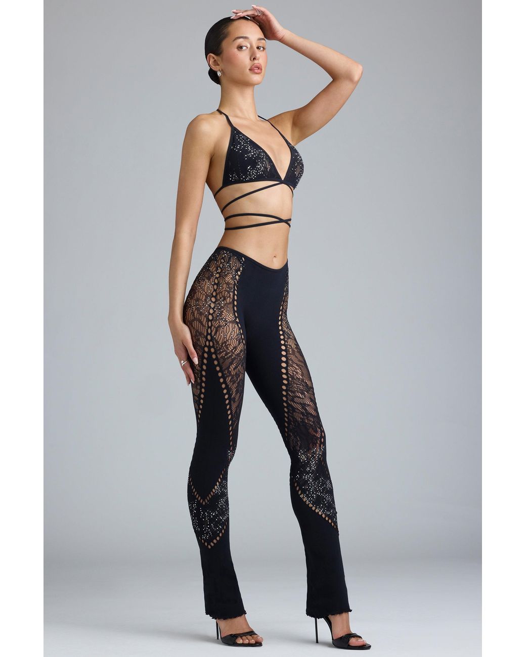 Oh Polly Black Embellished Mid-Rise Flared Trousers