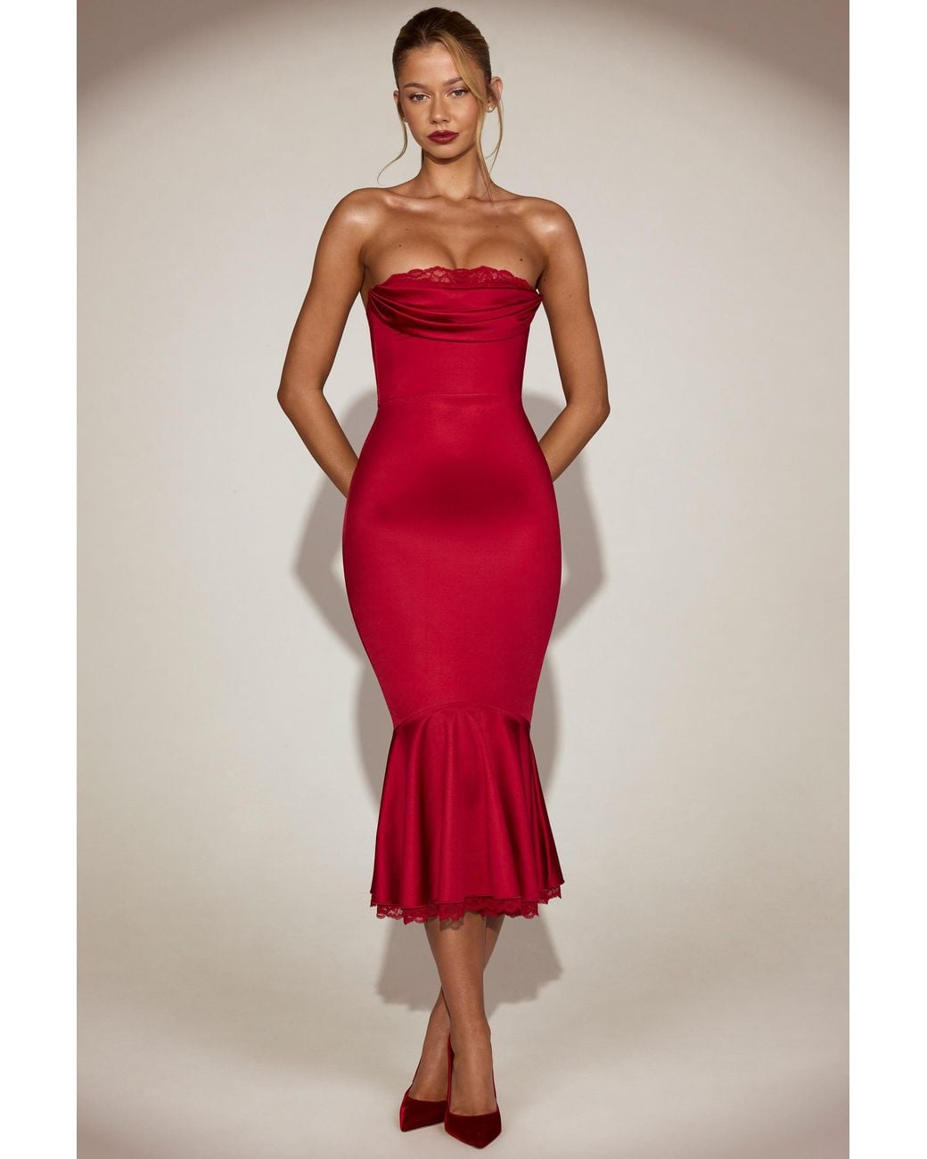 Oh Polly Red Satin Lace-Trim Bandeau Fluted Midaxi Dress