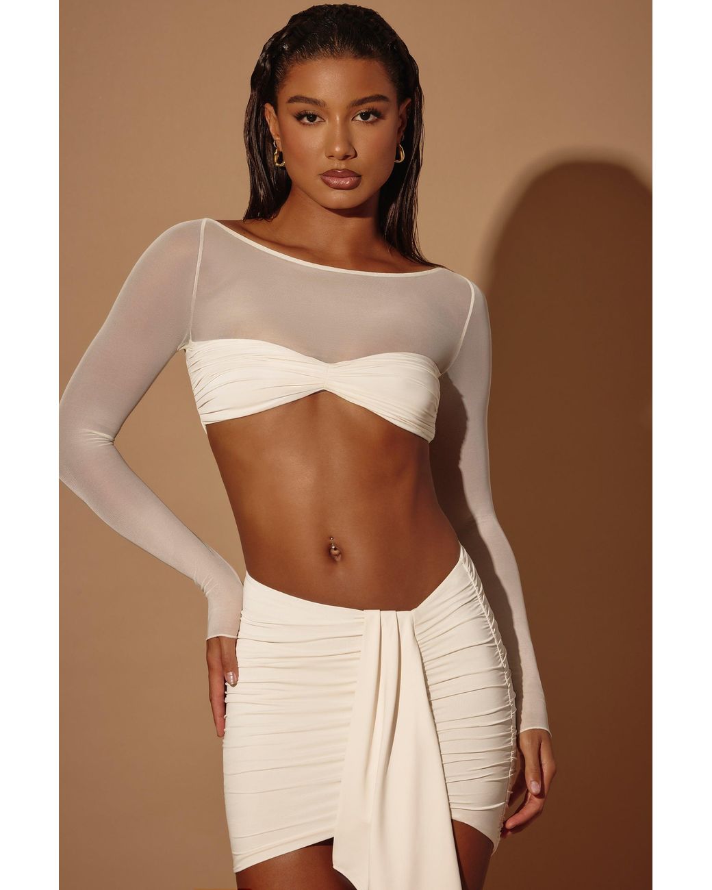 Oh Polly White Sheer Panelled Long Sleeve Crop Top