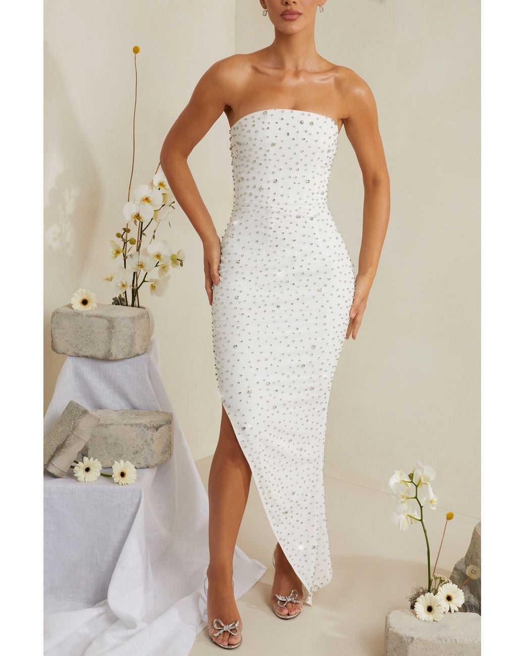 Oh Polly White Hand Embellished Asymmetric Midi Dress