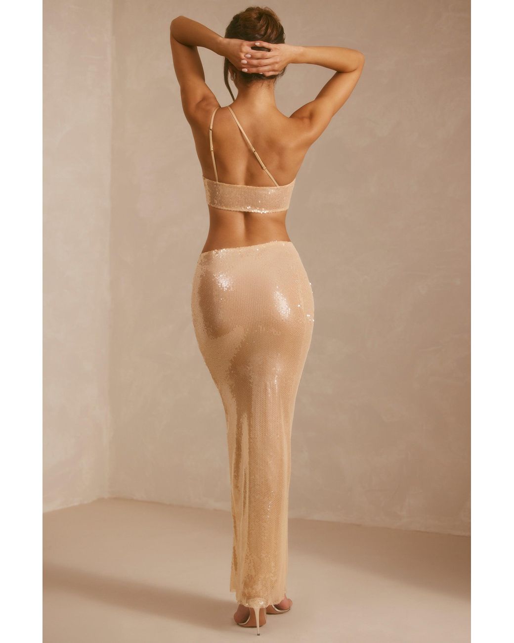 Oh Polly Natural Sheer Sequin One Shoulder Cut Out Maxi Dress