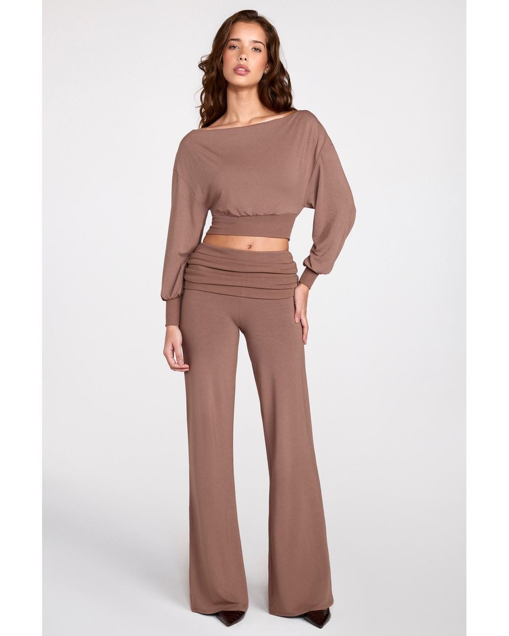 Oh Polly Brown Modal Low-Rise Straight-Leg Trousers