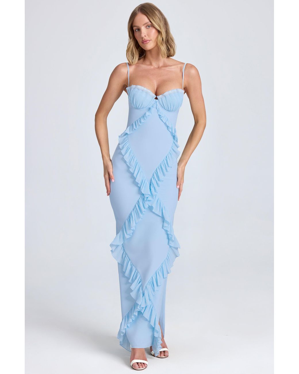 Oh Polly Blue Plissé Ruffle-Trim Maxi Dress