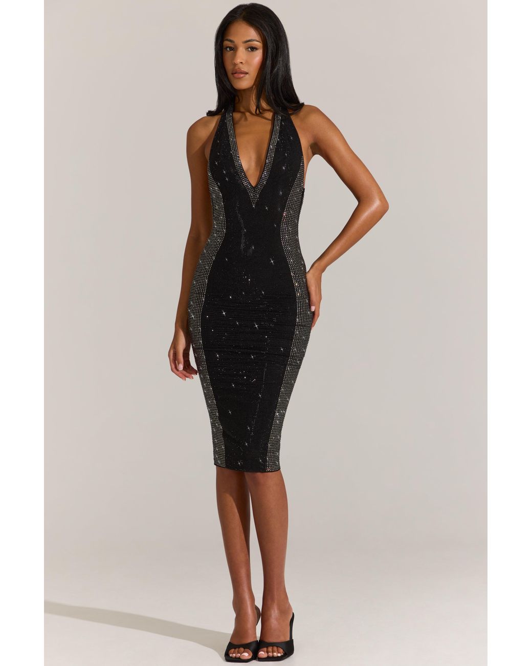 Oh Polly Black Embellished Plunge Halterneck Midi Dress