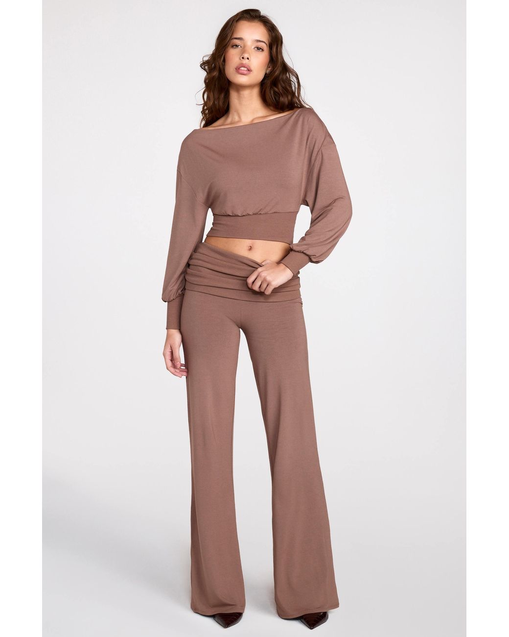 Oh Polly Brown Modal Low-Rise Straight-Leg Trousers