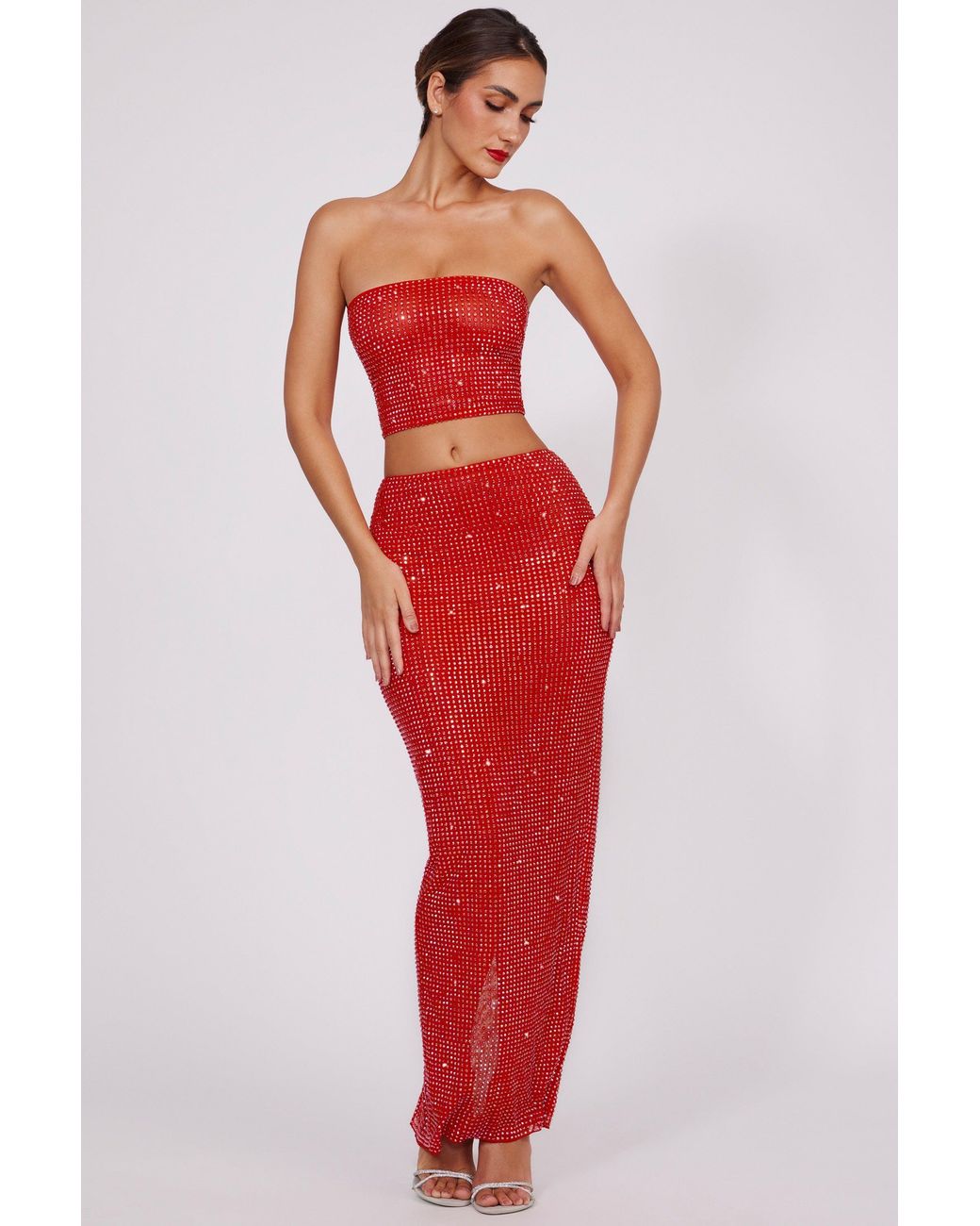 Oh Polly Red Embellished Mid Rise Maxi Skirt