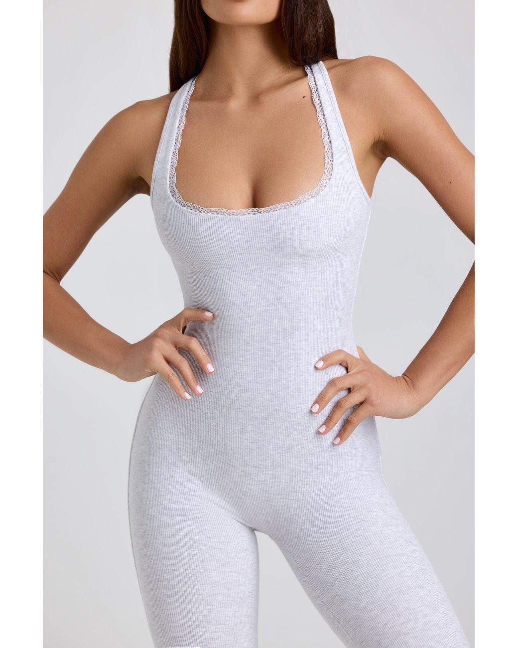 Oh Polly Gray Ribbed Modal Lace-Trim Jumpsuit