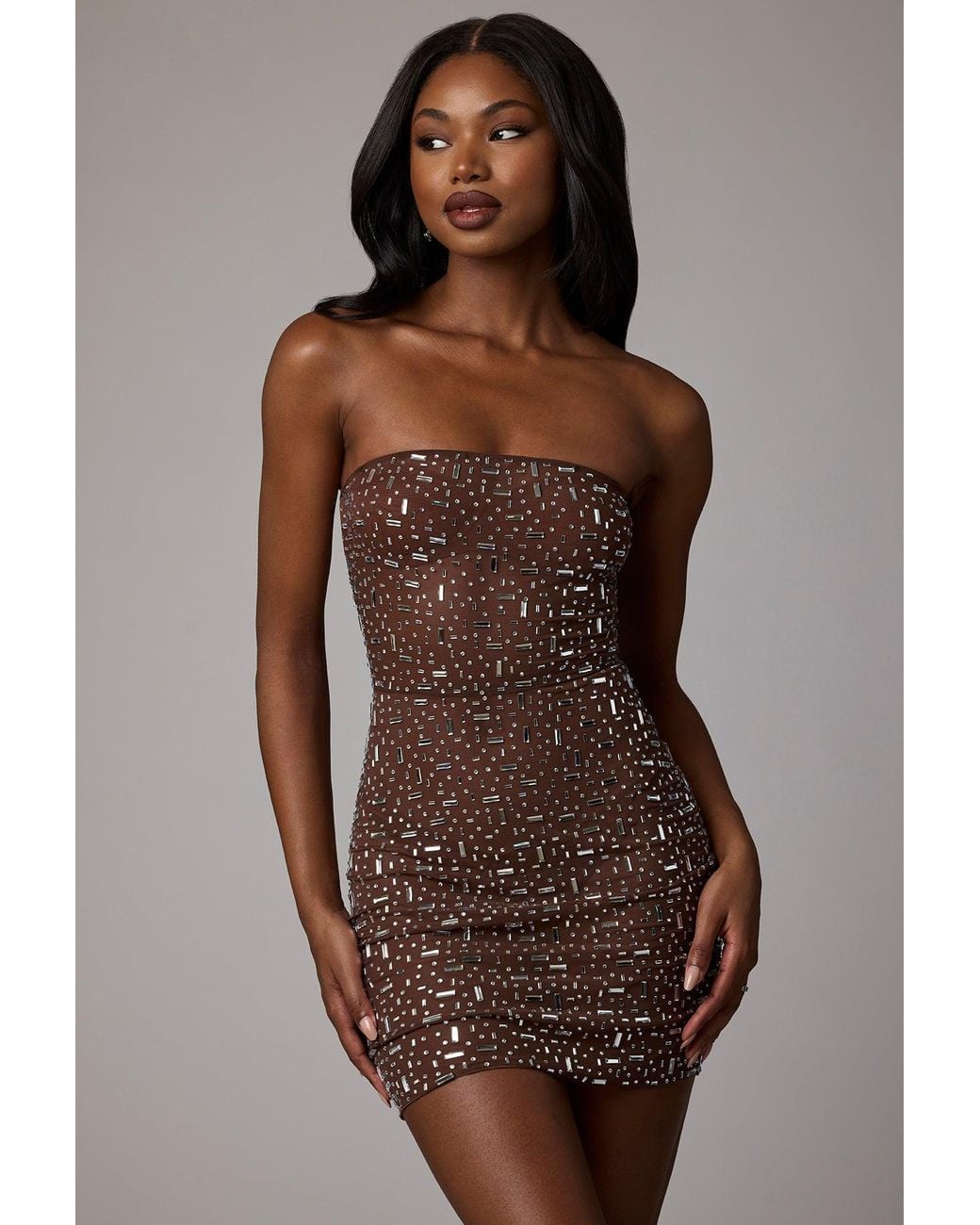 Oh Polly Brown Sheer Embellished Bodycon Mini Dress