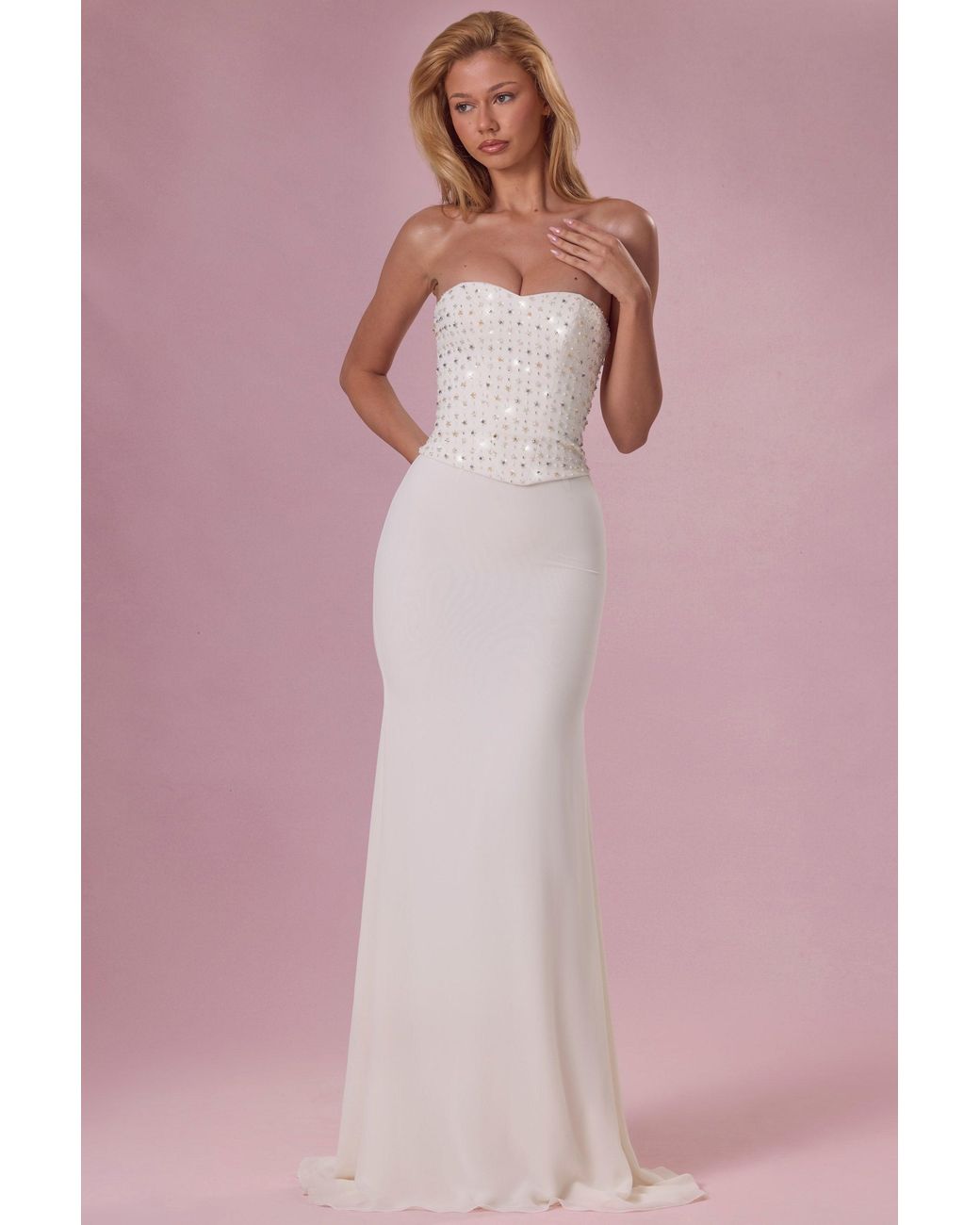Oh Polly White Embellished Corset Strapless Gown