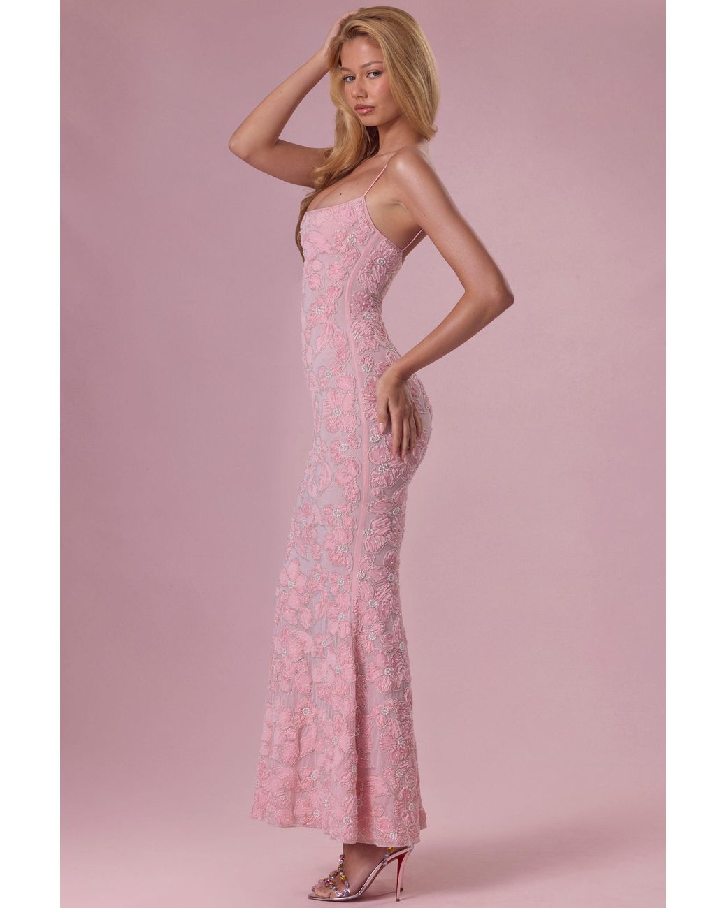 Oh Polly Pink Embellished Square Neck Maxi Dress